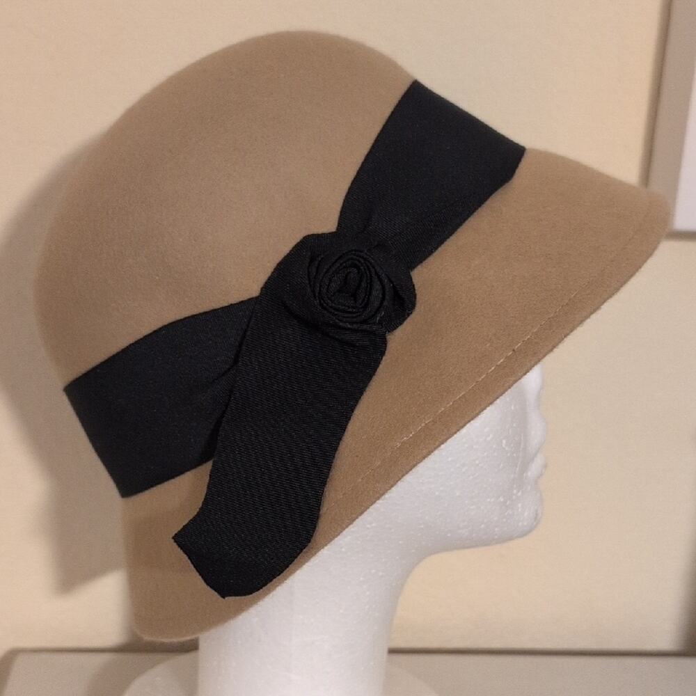 Elegant Tan Cloche Hat with Black Ribbon Rosette Wool Fedora Black Church Hat